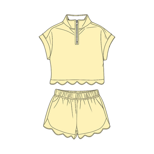 GSSO3594 Preorder Baby Girl Yellow Zipper Top Scallop Short Clothes Sets