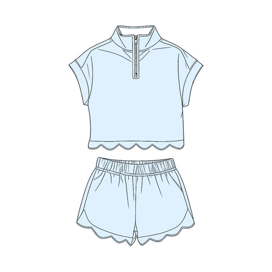 GSSO3595 Preorder Baby Girl Light Blue Zipper Top Scallop Short Clothes Sets