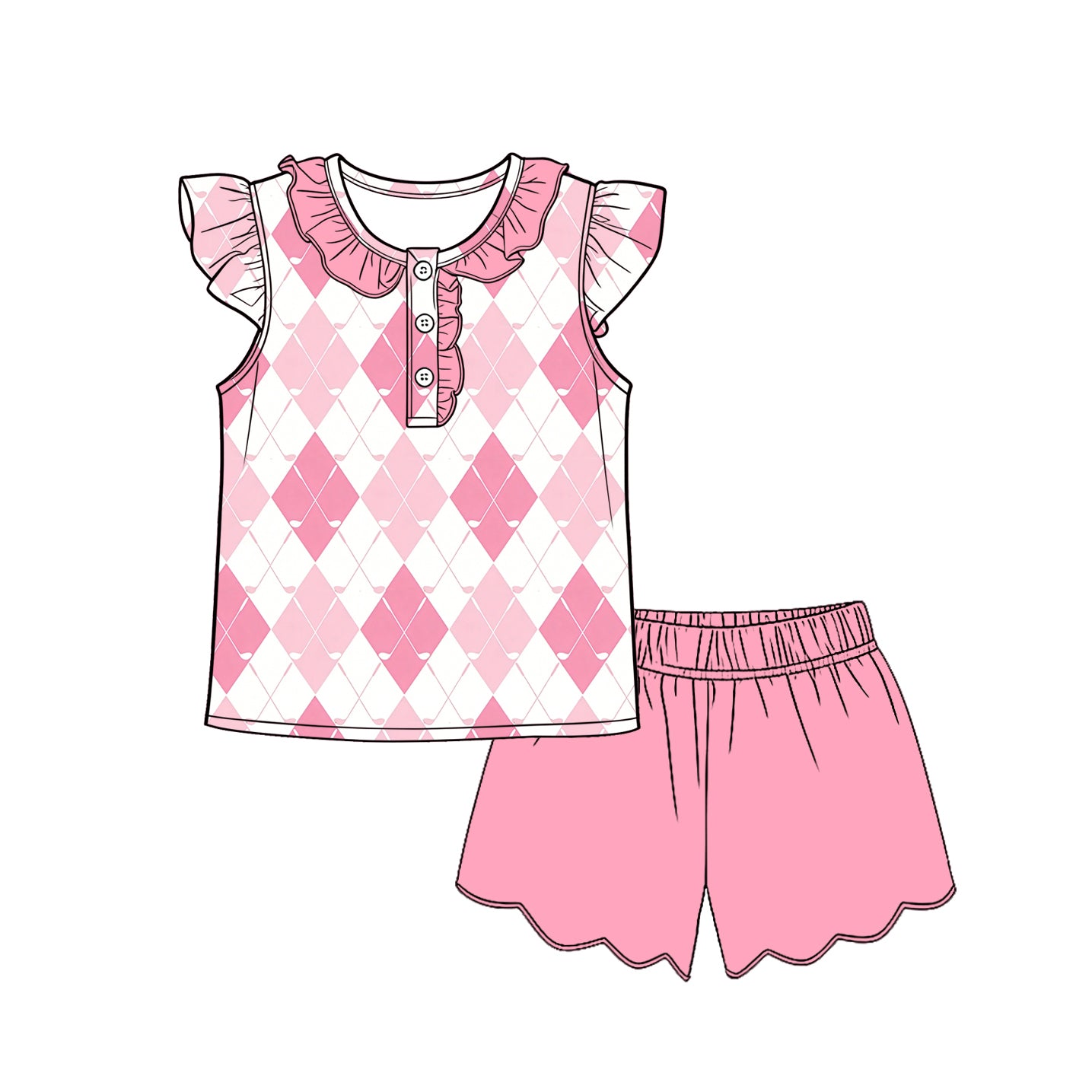 GSSO3598 Preorder Baby Girl Pink Golf Checked Button Tunic Scallop Shorts Clothes Sets