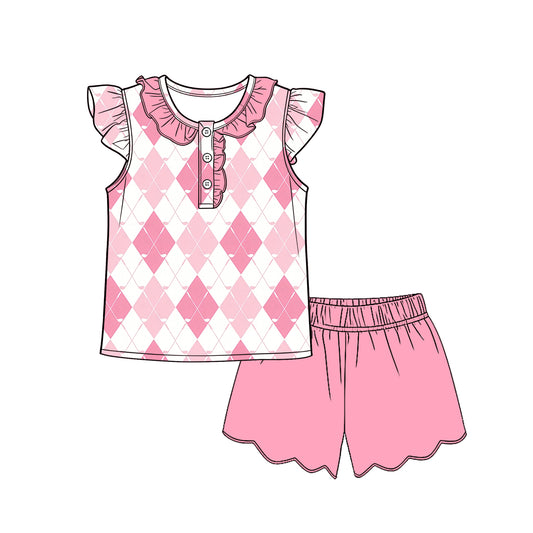 GSSO3598 Preorder Baby Girl Pink Golf Checked Button Tunic Scallop Shorts Clothes Sets