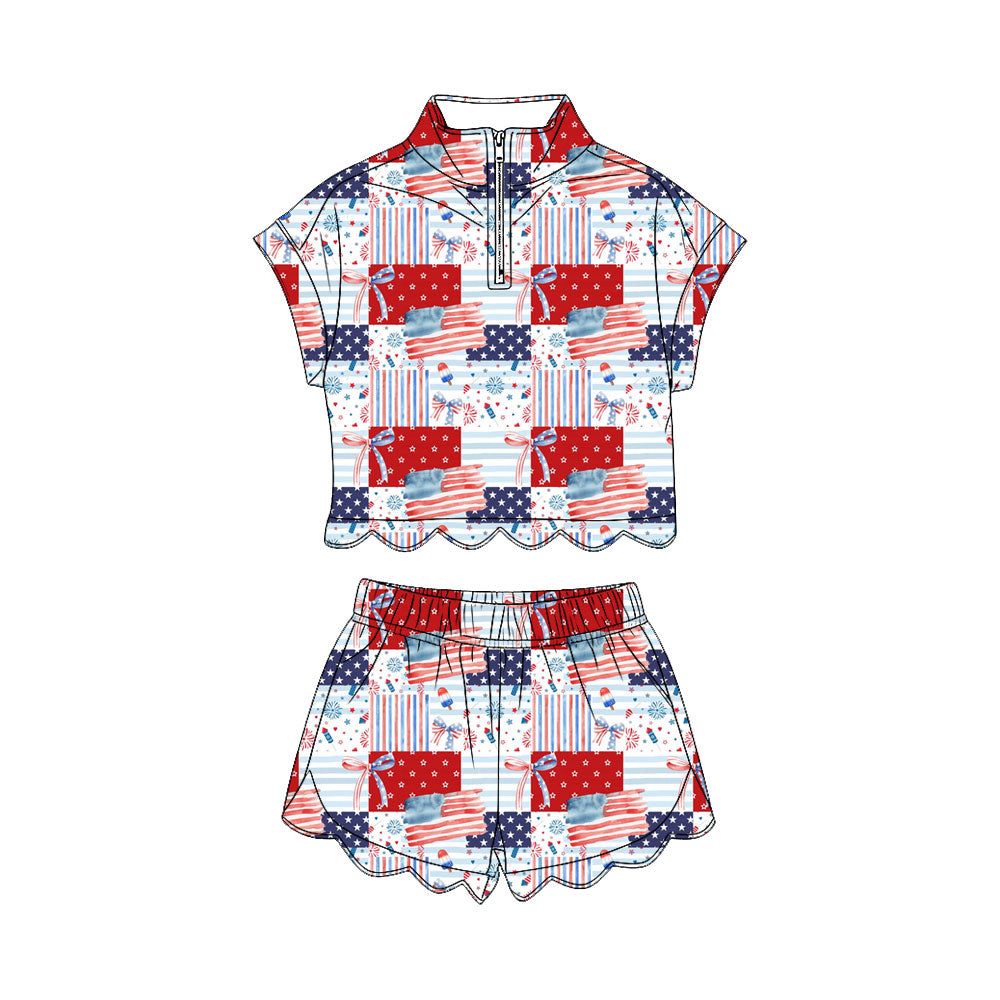 GSSO3599 Preorder Baby Girl Bows Flags Zipper Top Short 4th of July Scallop Clothes Sets