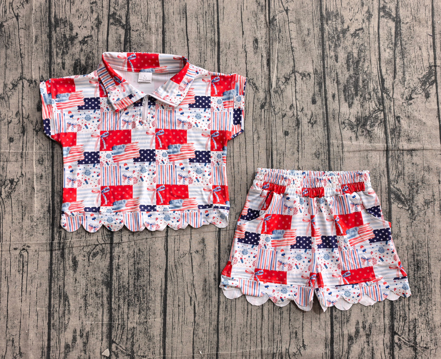 GSSO3599 Preorder Sample Baby Girls Bows Flags Zipper Top Short 4th of July Scallop Clothes Sets