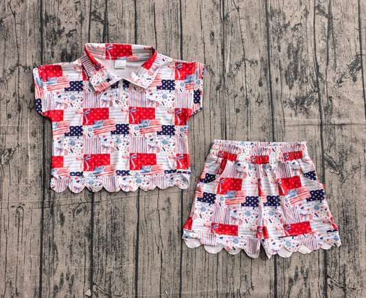GSSO3599 Preorder Sample Baby Girls Bows Flags Zipper Top Short 4th of July Scallop Clothes Sets