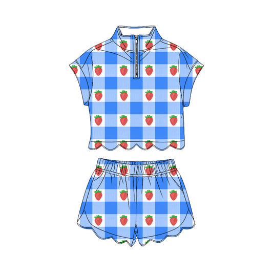 GSSO3600 Preorder Baby Girl Blue Checked Strawberry Zipper Top Short Scallop Clothes Sets