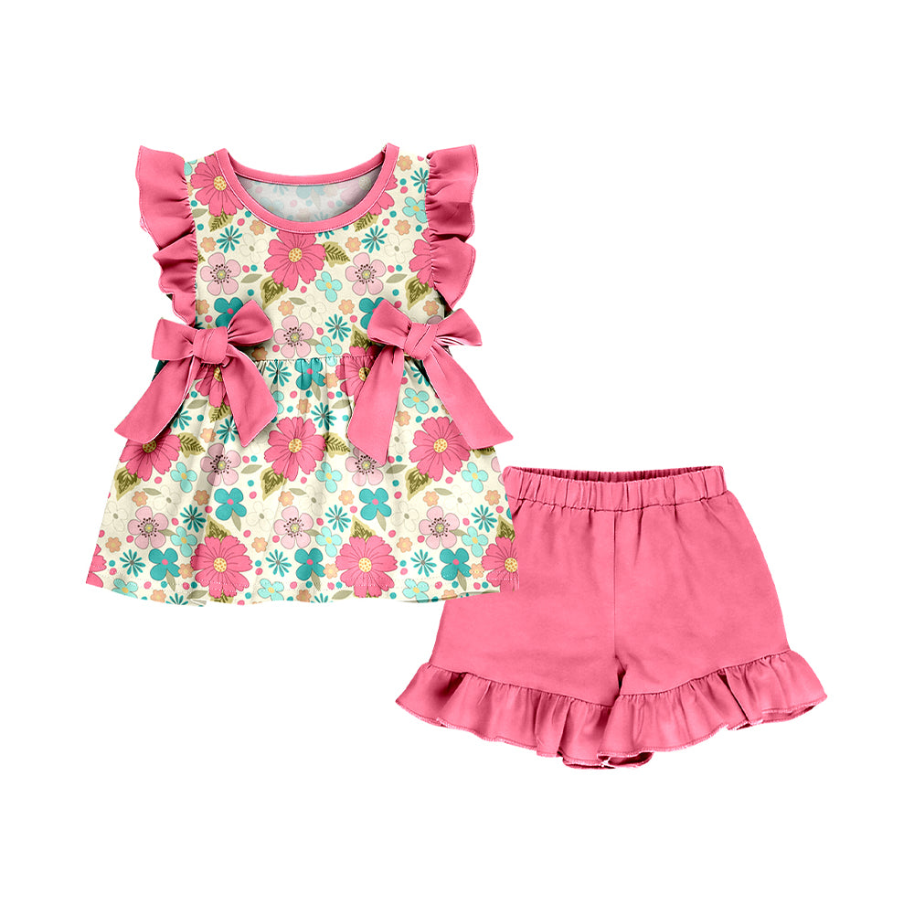 GSSO3601 Preorder Baby Girl Flutter Sleeve Colorful Flowers Tunic Ruffle Shorts Clothes Sets