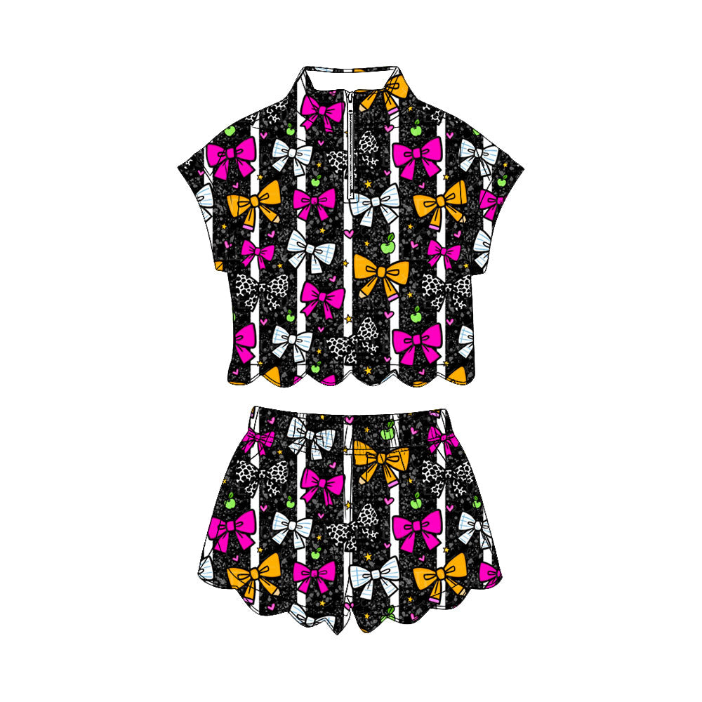 GSSO3603 Preorder Baby Girl Pencil Bows Zipper Top Short Scallop Back to School Clothes Sets
