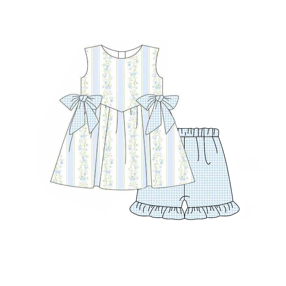 GSSO3604 Preorder Baby Girl Sleeveless Blue Flowers Stripe Tunic Ruffle Shorts Clothes Sets