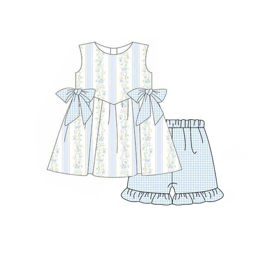 GSSO3604 Preorder Baby Girl Sleeveless Blue Flowers Stripe Tunic Ruffle Shorts Clothes Sets