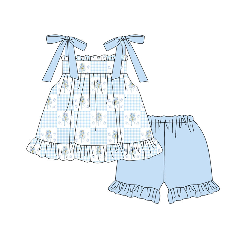 GSSO3605 Preorder Baby Girl Strap Blue Flowers Checked Tunic Ruffle Shorts Clothes Sets
