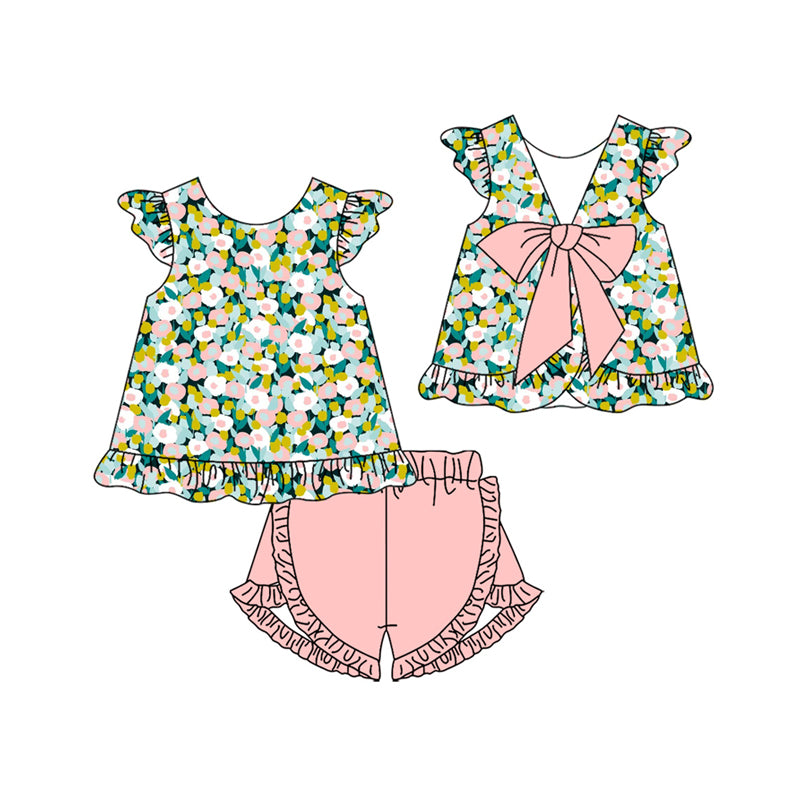 GSSO3606 Preorder Baby Girl Colorful Floral Back Bow Tunic Ruffle Shorts Clothes Sets
