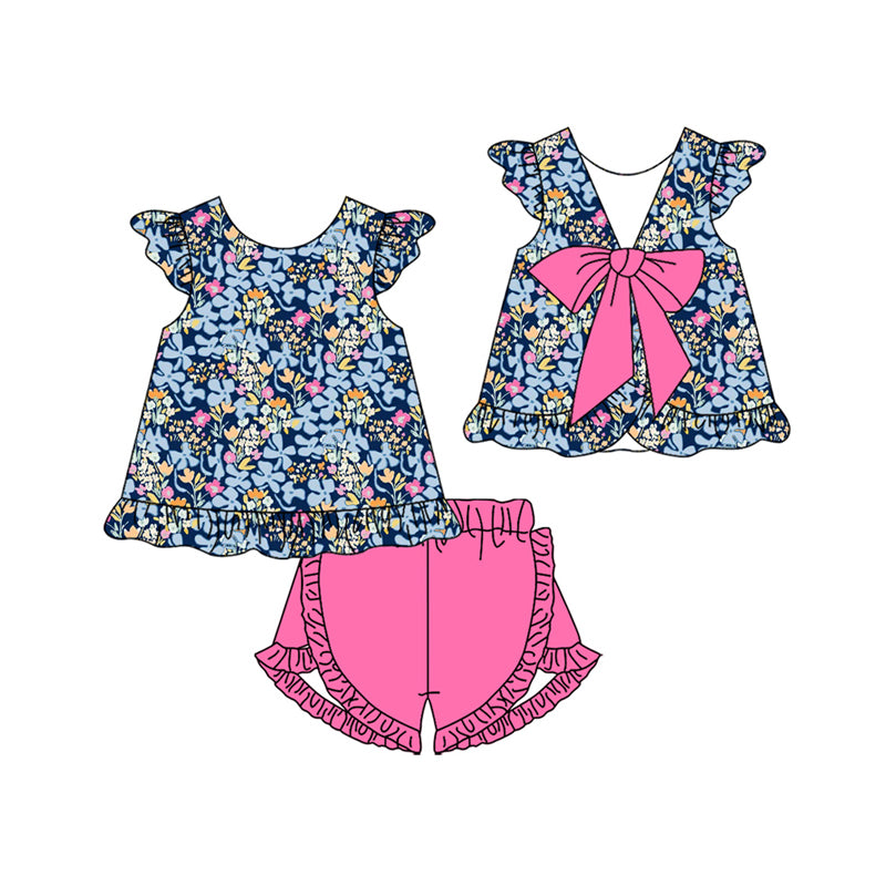 GSSO3607 Preorder Baby Girl Colorful Floral Back Bow Tunic Ruffle Shorts Clothes Sets