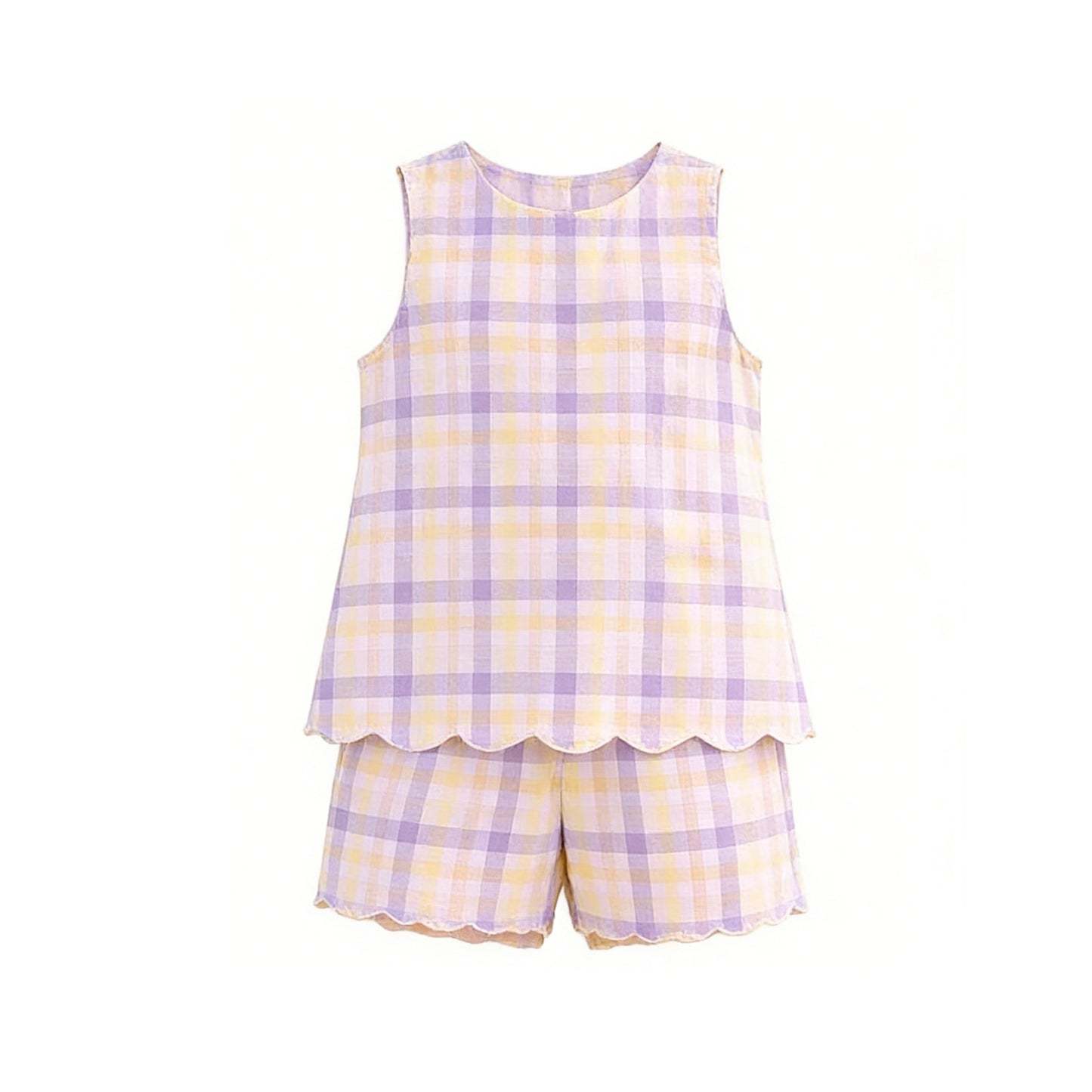 GSSO3608 Preorder Baby Girl Sleeveless Colorful Checked Top Short Scallop Clothes Sets