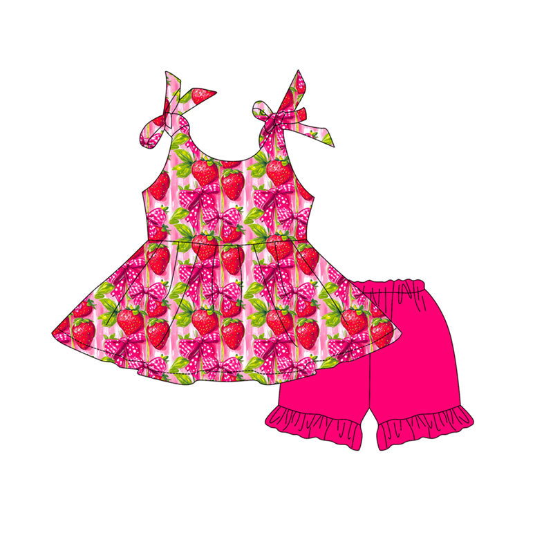 GSSO3609 Preorder Baby Girl Strap Bows Strawberry Patchwork Tunic Ruffle Short Clothes Sets