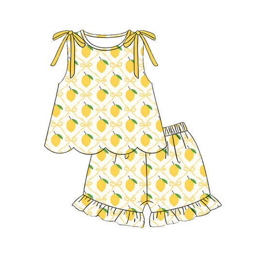 GSSO3611 Preorder Baby Girl Sleeveless Bows Lemons Checked Tunic Ruffle Shorts Clothes Sets