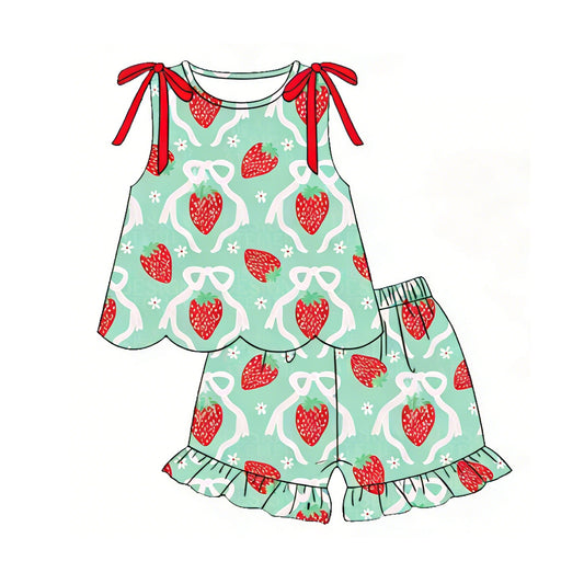 GSSO3613 Preorder Baby Girl Sleeveless Bows Strawberry Tunic Ruffle Shorts Clothes Sets