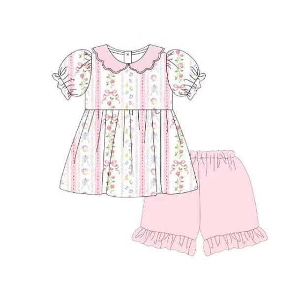 GSSO3615 Preorder Baby Girl Bows Flowers Stripe Collar Tunic Ruffle Shorts Clothes Sets