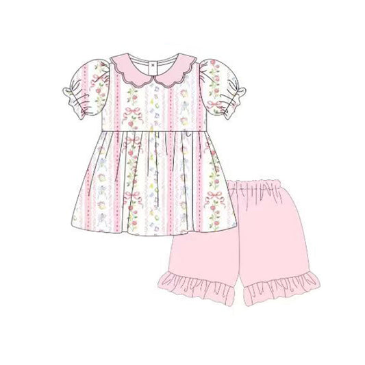 GSSO3615 Preorder Baby Girl Bows Flowers Stripe Collar Tunic Ruffle Shorts Clothes Sets