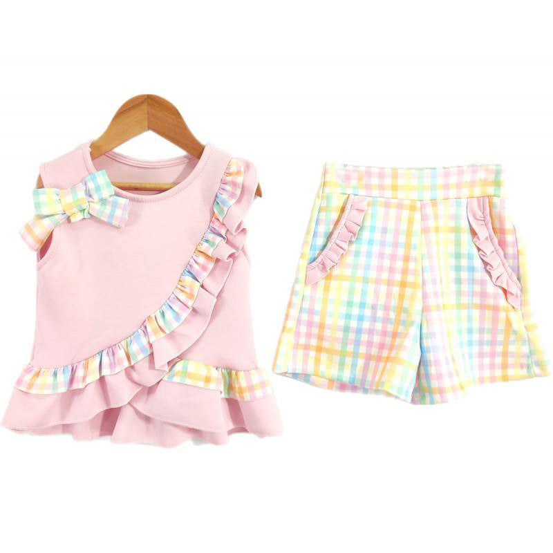 GSSO3618 Preorder Baby Girl Sleeveless Colorful Checked Tunic Pockets Shorts Clothes Sets