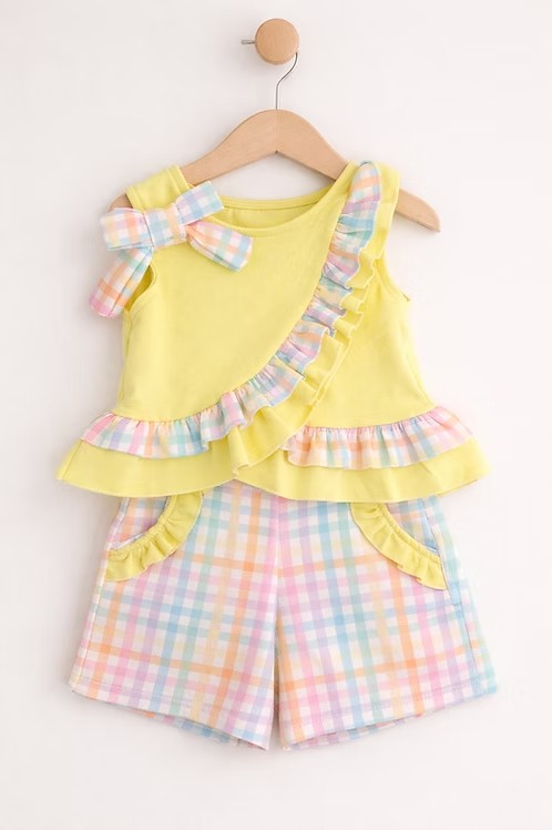 GSSO3619 Preorder Baby Girl Sleeveless Colorful Checked Tunic Pockets Shorts Clothes Sets