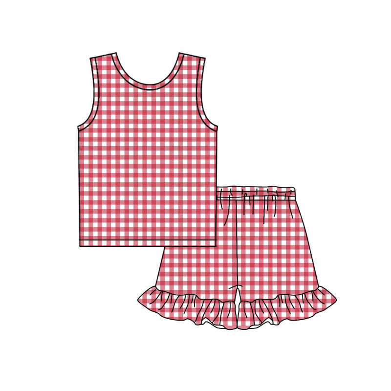 GSSO3623 Preorder Baby Girl Sleeveless Red Checked Top Ruffle Shorts Clothes Sets