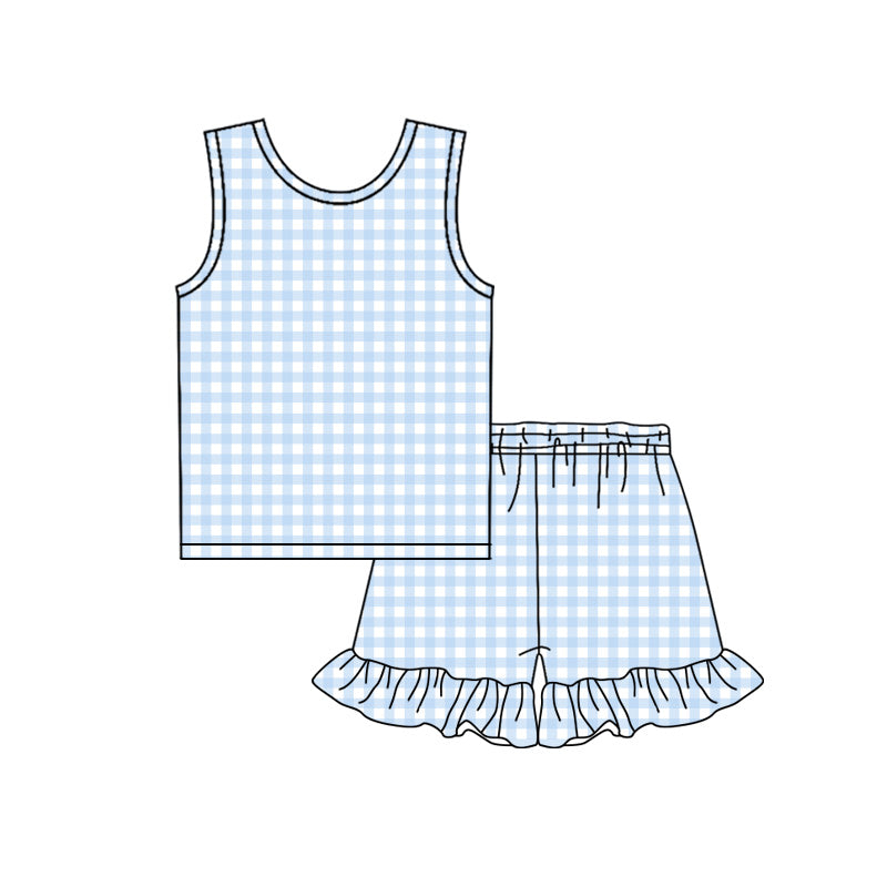 GSSO3624 Preorder Baby Girl Sleeveless Blue Checked Top Ruffle Shorts Clothes Sets