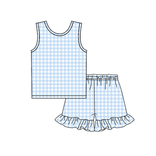 GSSO3624 Preorder Baby Girl Sleeveless Blue Checked Top Ruffle Shorts Clothes Sets