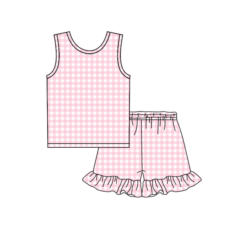 GSSO3625 Preorder Baby Girl Sleeveless Pink Checked Top Ruffle Shorts Clothes Sets