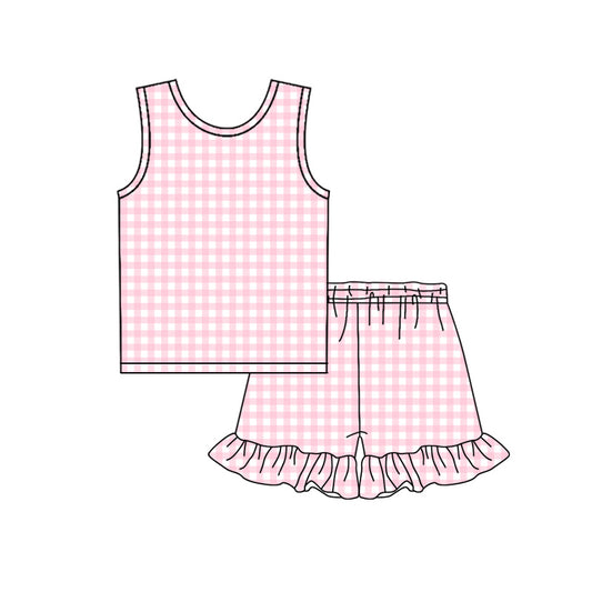GSSO3625 Preorder Baby Girl Sleeveless Pink Checked Top Ruffle Shorts Clothes Sets