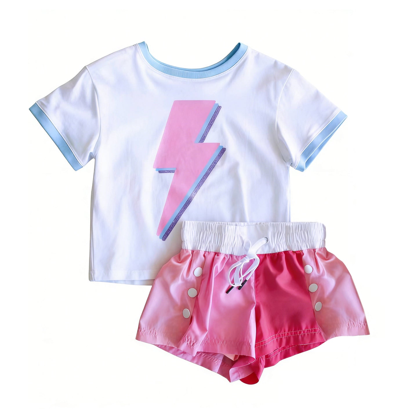 GSSO3628 Preorder Baby Girl Short Sleeve Pink Lightning Top Sport Shorts Clothes Set