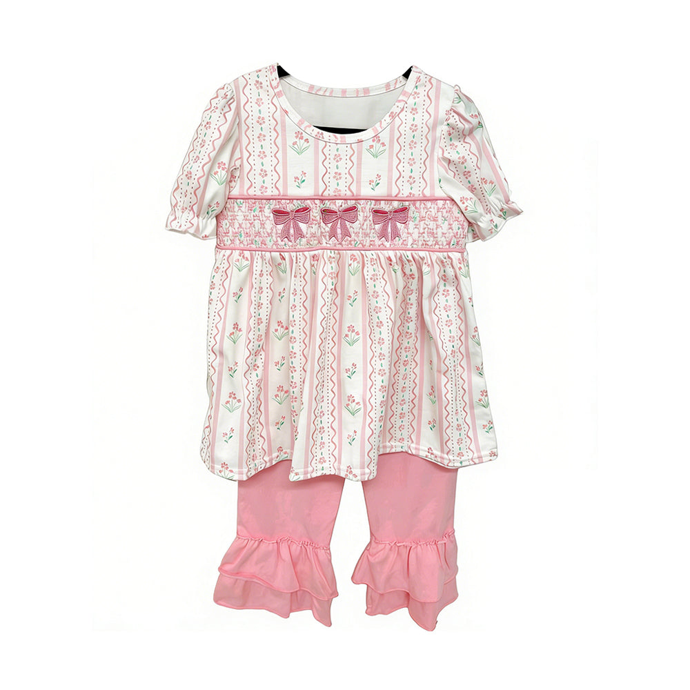 GSSO3630 Preorder Baby Girl Flowers Stripe Bows Tunic Ruffle Shorts Clothes Set