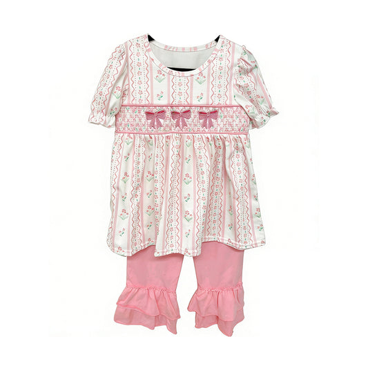 GSSO3630 Preorder Baby Girl Flowers Stripe Bows Tunic Ruffle Shorts Clothes Set