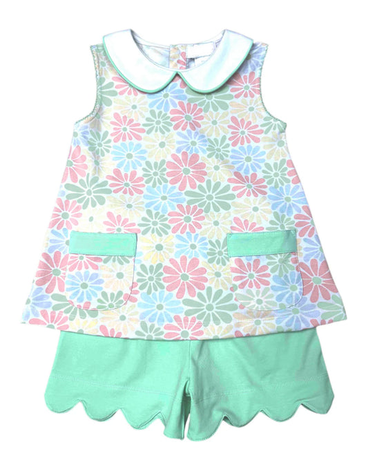 GSSO3632 Preorder Baby Girl Colorful Daisy Collar Pockets Tunic Scallop Shorts Clothes Set