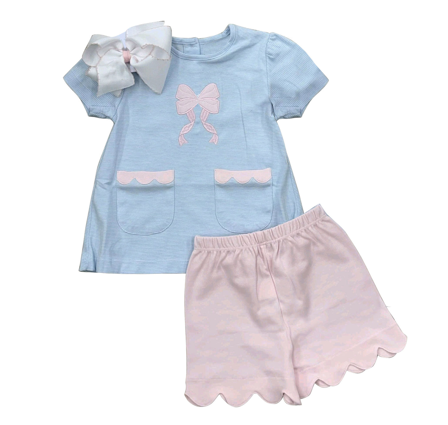 GSSO3633 Preorder Baby Girl Blue Stripe Bows Pockets Tunic Scallop Shorts Clothes Set