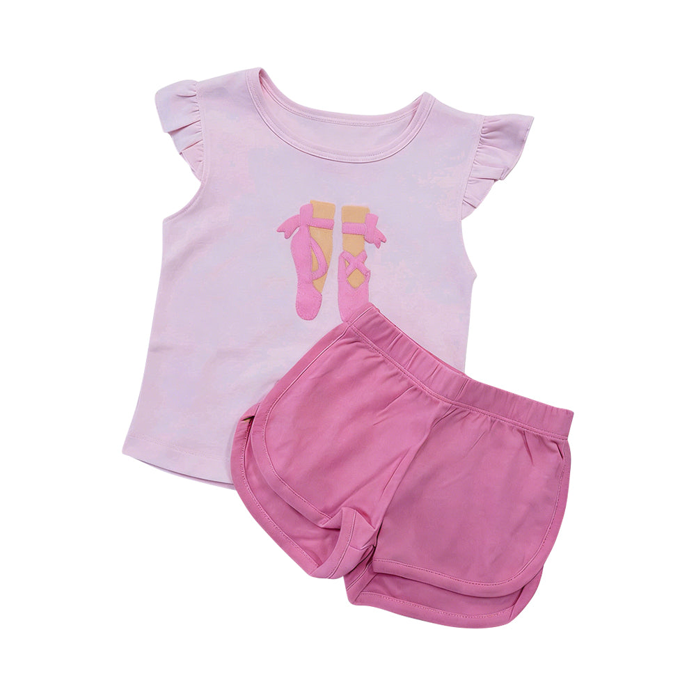 GSSO3634 Preorder Baby Girl Pink Flutter Sleeve Bows Shoes Tunic Shorts Clothes Set