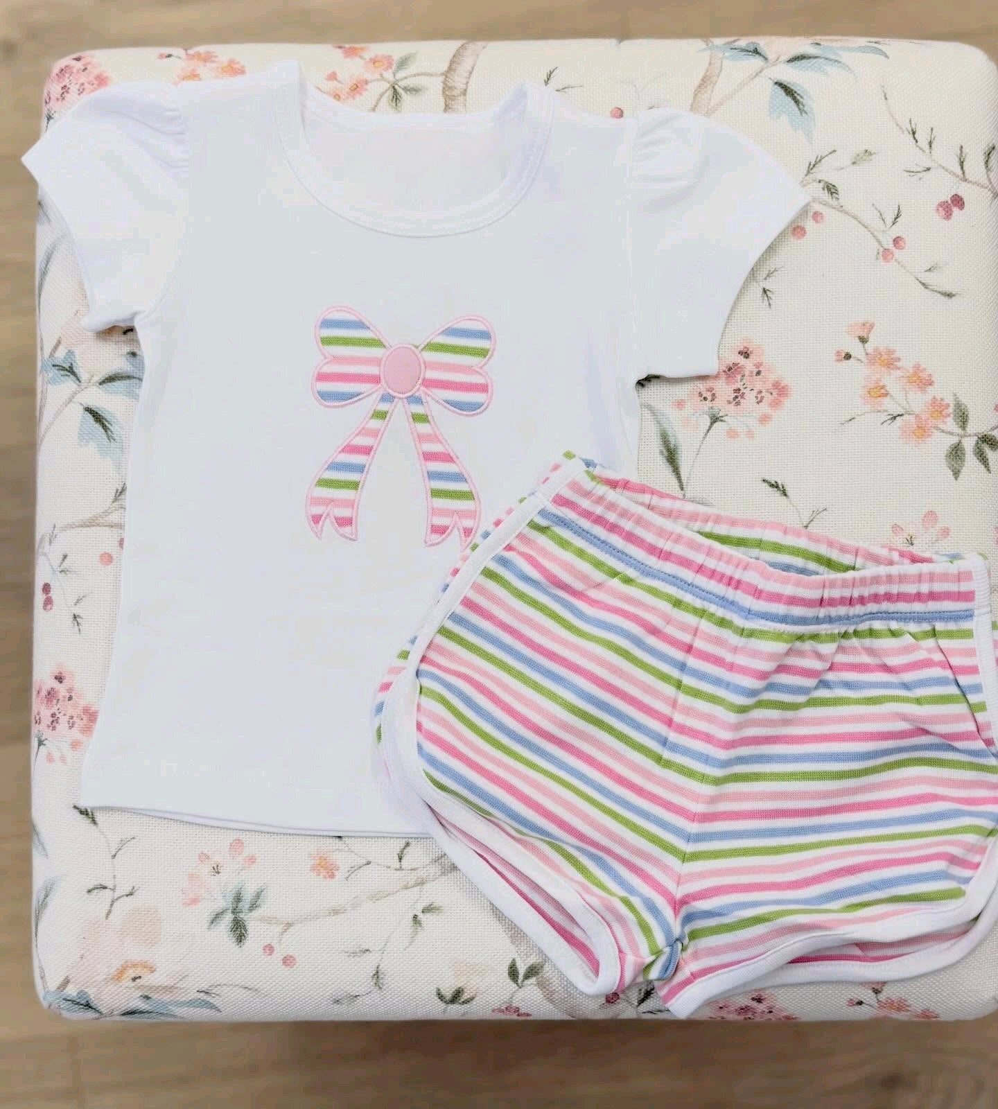 GSSO3635 Preorder Baby Girl Short Sleeve Colorful Stripe Bows Top Shorts Clothes Set