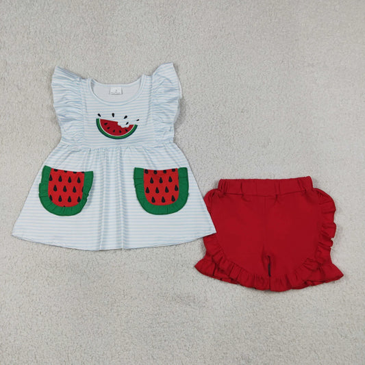 GSSO3636 Embroidery Watermelon Baby Girls Blue Stripe Pockets Tunic Ruffle Short Clothes Sets