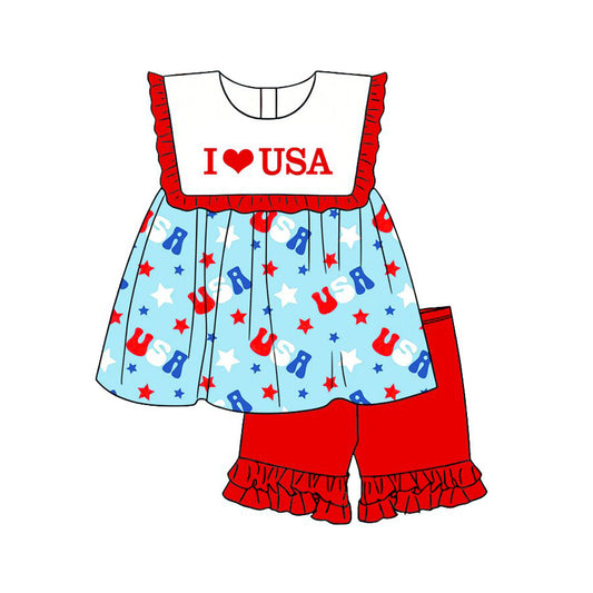 GSSO3637 Preorder Baby Girl I Love USA Stars Tunic Ruffle Short 4th of July Clothes Sets