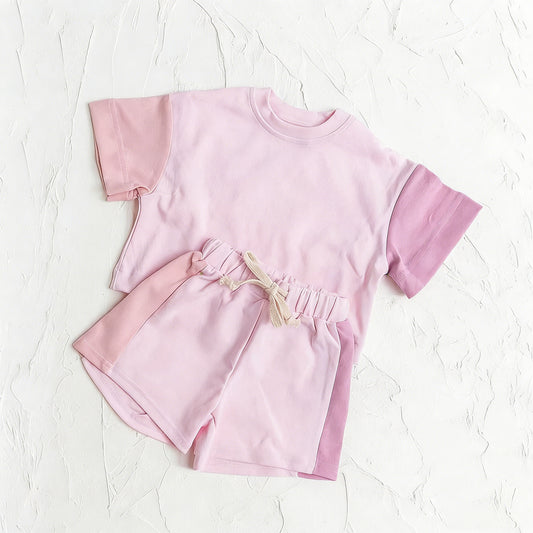 GSSO3638 Preorder Baby Girl Pink Patchwork Short Sleeve Shirt Top Short Clothes Set