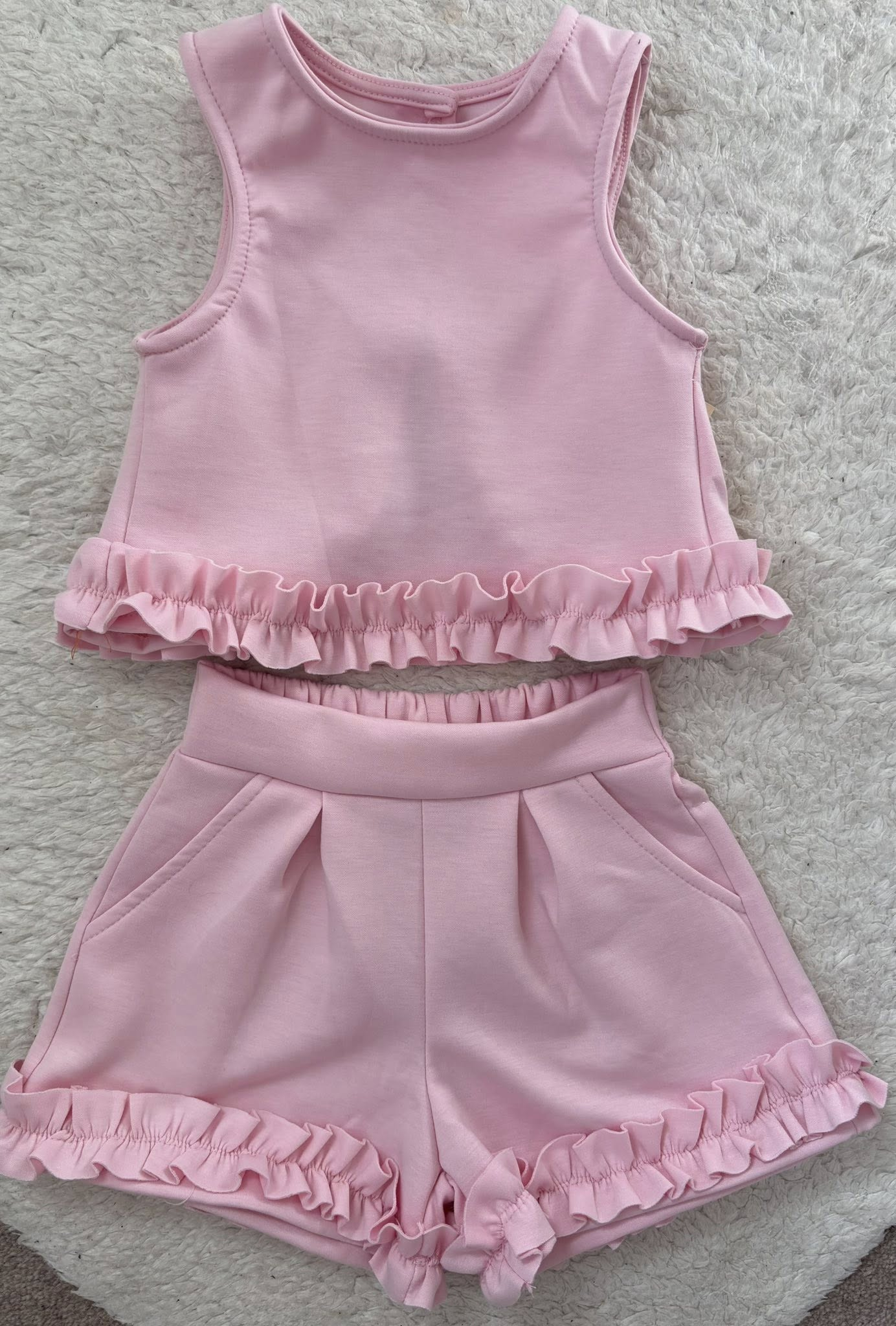 GSSO3639 Preorder Baby Girl Pink Sleeveless Shirt Top Ruffle Pockets Short Clothes Set