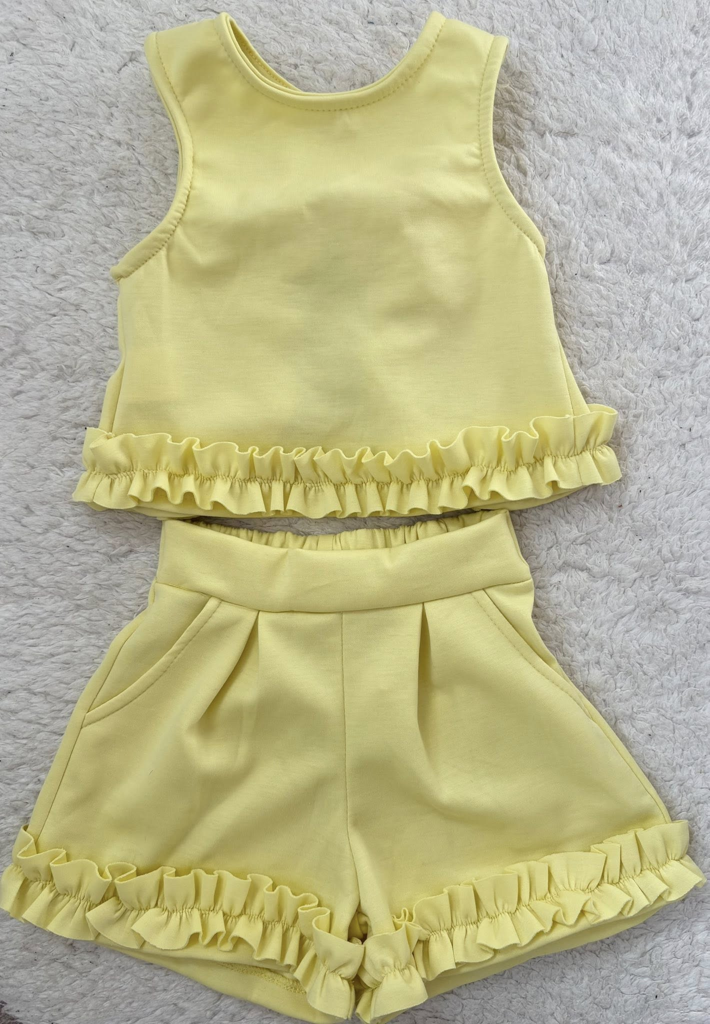 GSSO3640 Preorder Baby Girl Yellow Sleeveless Shirt Top Ruffle Pockets Short Clothes Set