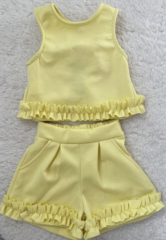 GSSO3640 Preorder Baby Girl Yellow Sleeveless Shirt Top Ruffle Pockets Short Clothes Set