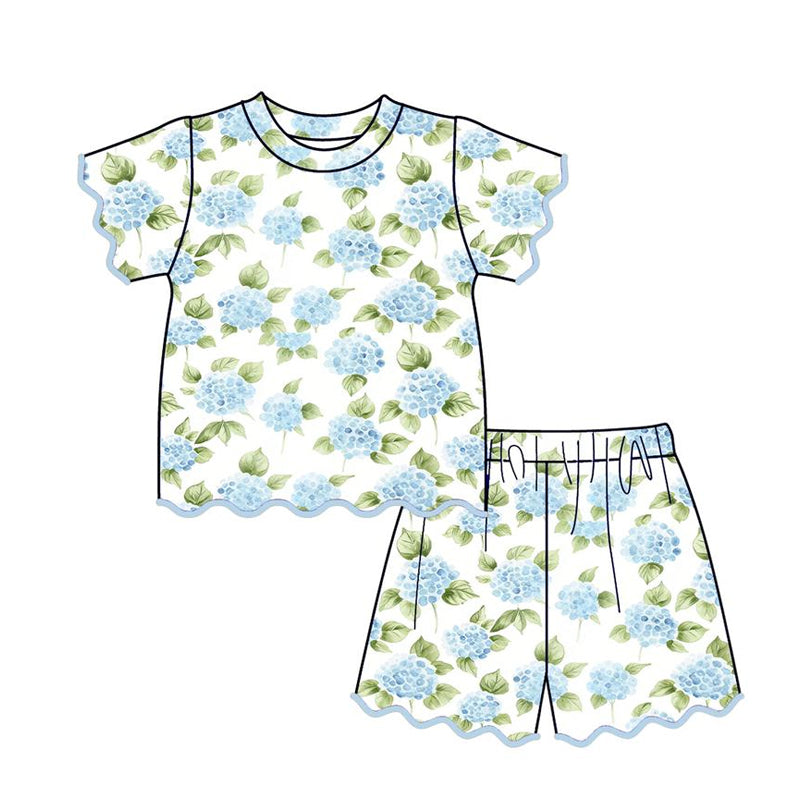 GSSO3642 Preorder Baby Girl Blue Flowers Top Short Scallop Clothes Sets