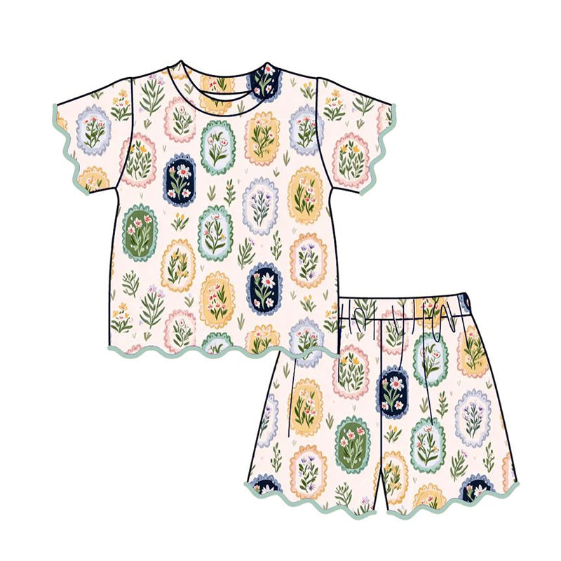 GSSO3643 Preorder Baby Girl Colorful Flowers Top Short Scallop Clothes Sets