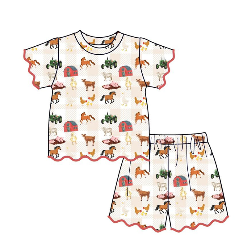 GSSO3645 Preorder Baby Girl Pigs Cows Horses Top Short Scallop Farm Clothes Sets