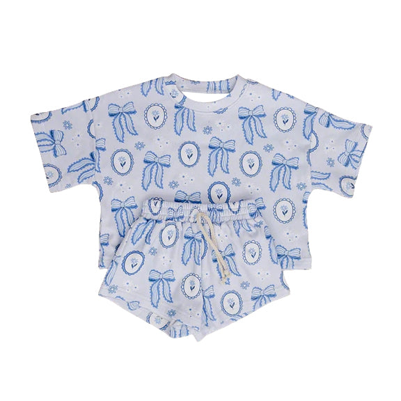 GSSO3646 Preorder Baby Girl Blue Bows Flowers Top Short Clothes Set