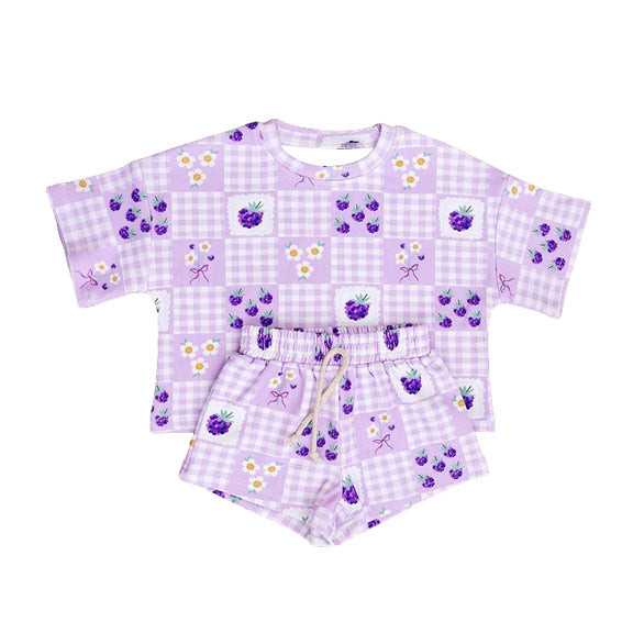 GSSO3647 Preorder Baby Girl Purple Checked Flowers Top Short Clothes Set