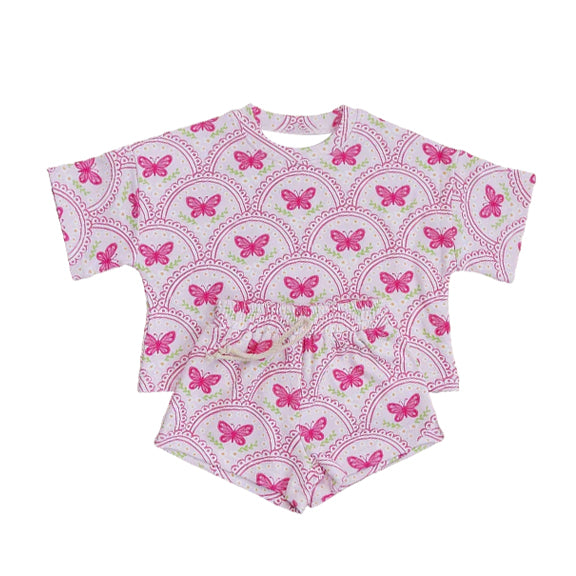 GSSO3648 Preorder Baby Girl Pink Butterfly Flowers Checked Top Short Clothes Set
