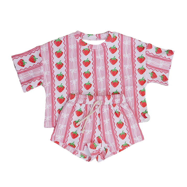 GSSO3649 Preorder Baby Girl Pink Bows Strawberry Stripe Top Short Clothes Set