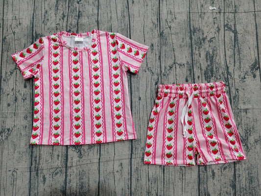 GSSO3649 Preorder Sample Baby Girls Pink Bows Strawberry Stripe Top Short Clothes Set