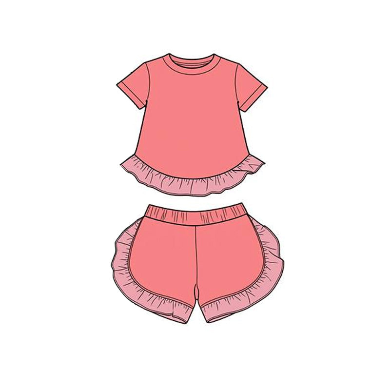GSSO3653 Preorder Baby Girl Peach Short Sleeve Shirt Top Ruffle Short Clothes Set